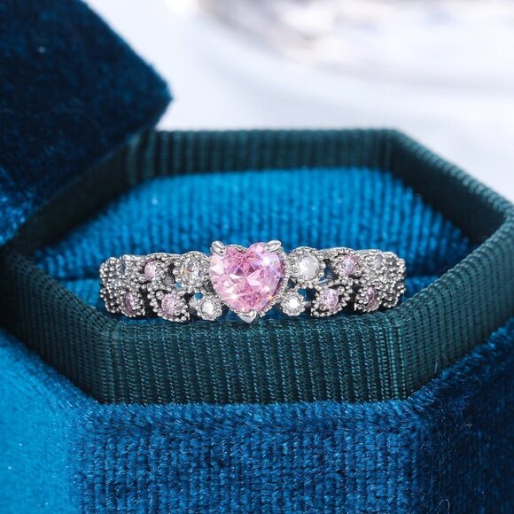 🌸Heart shape CZ Eternity 925 Silver Plated Fashion Ring for Women, L085 - Picture 3 of 4